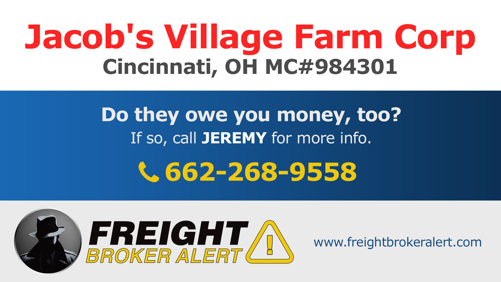 Jacob's Village Farm Corp Freight Broker Alert